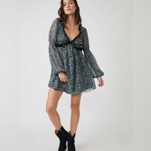 Free People Pennie Floral Print Ruffle Long Sleeve Minidress